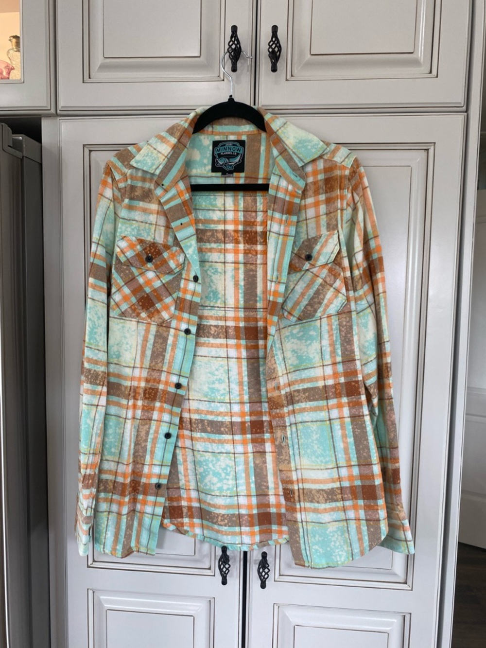 Plaid Button-Up Jacket with Graphic Back - Mint & Rust - Picture 2 of 3